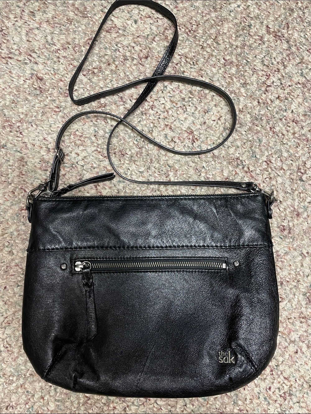 The Sak Black Leather Crossbody with Front Zip